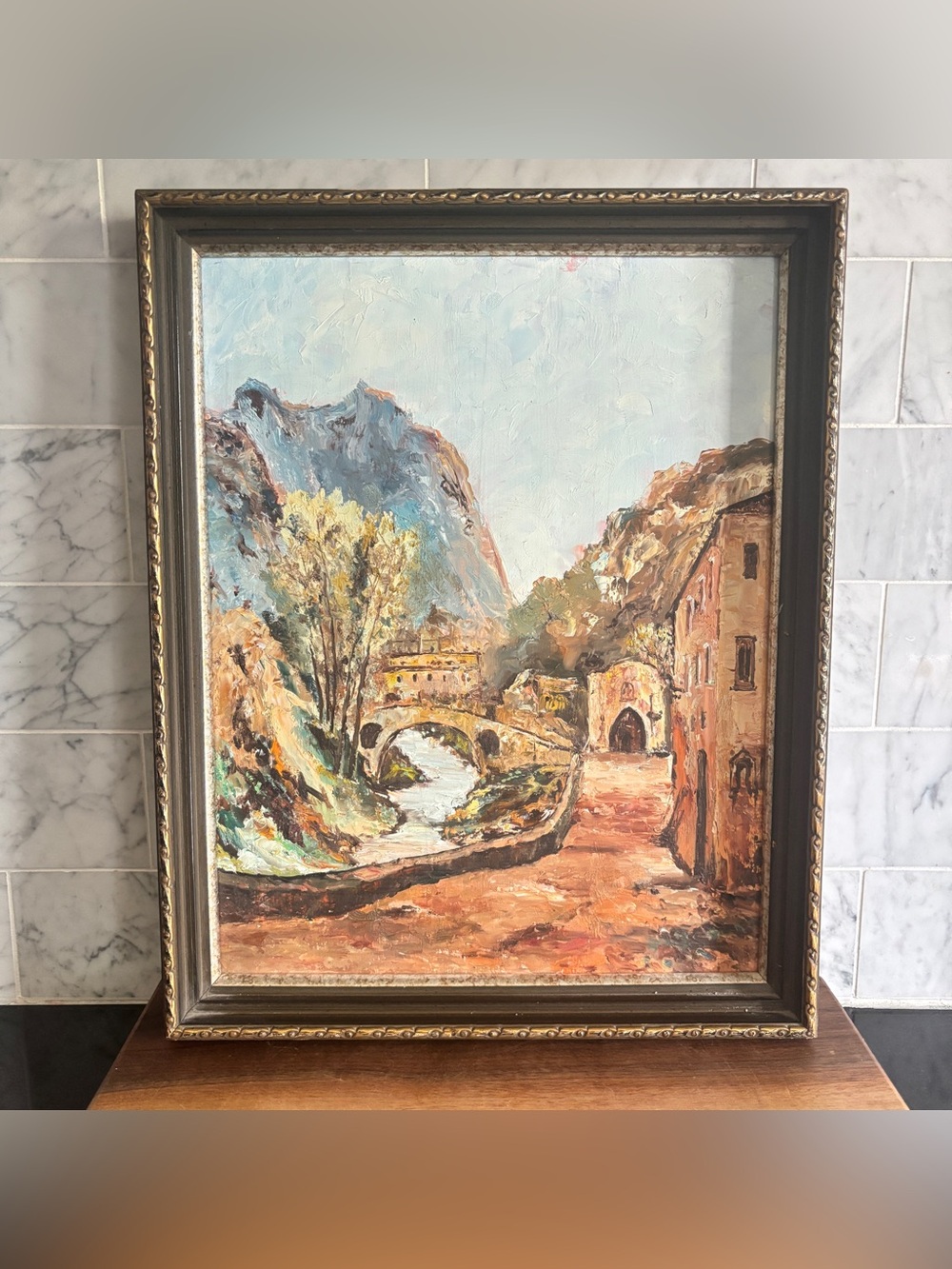 Vintage Framed and Signed Painting of European Mountainside River Landscape
